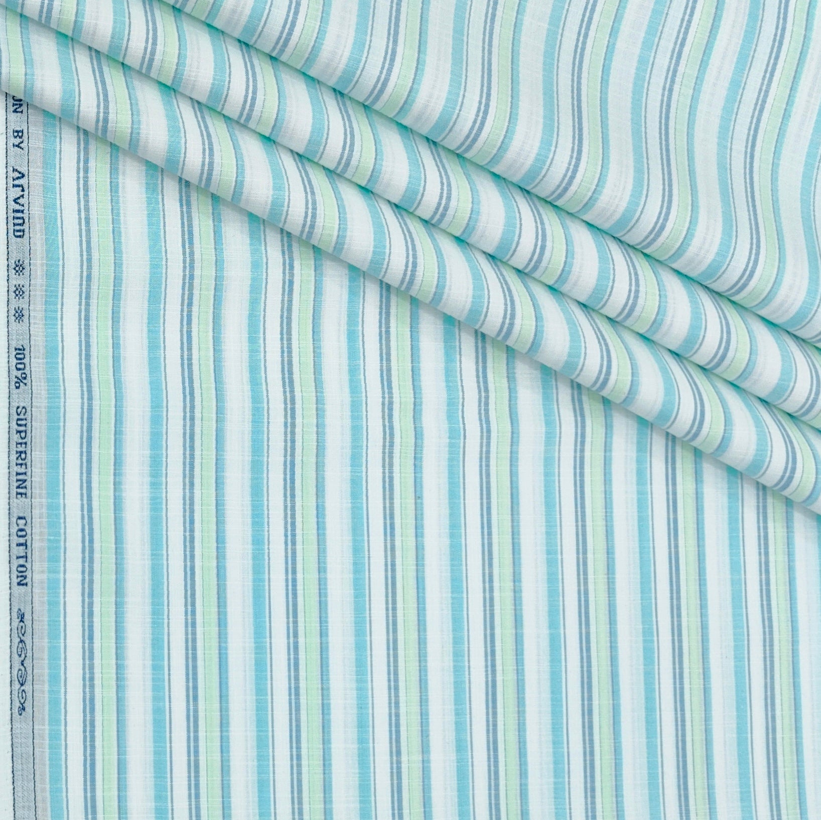 Shirt Fabric Arvind 100% Pure Cotton Multi Vertical Stripes Colour Mint Green N White
